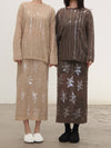 SWAYING 2025 Fall/Winter Collection: Beaded Alpaca Wool Sweater/Skirt Set SW-SW-SW25AW3B05C2S2-HZ (Floral, Gray-Brown) Skirt (SW25AW1T07C1S4)